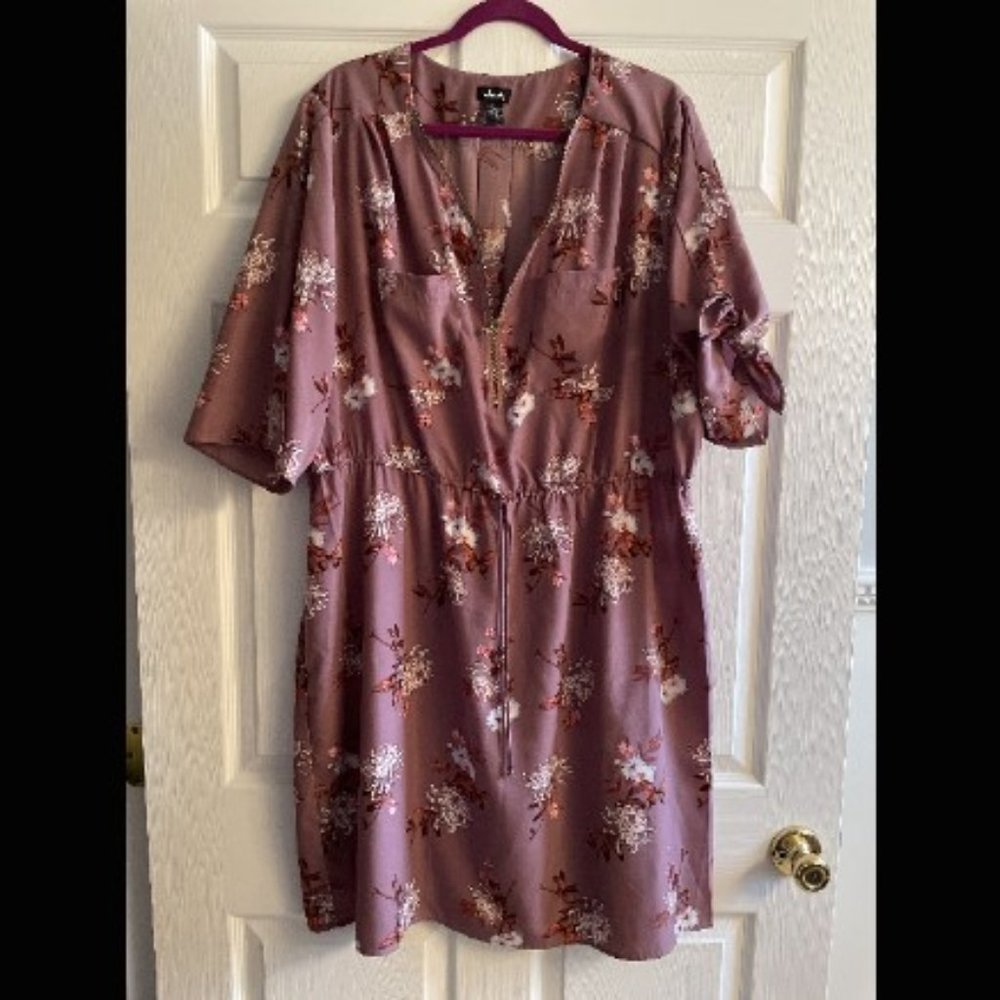 Pink Floral Zipper V-Neck Dress - Size 2X